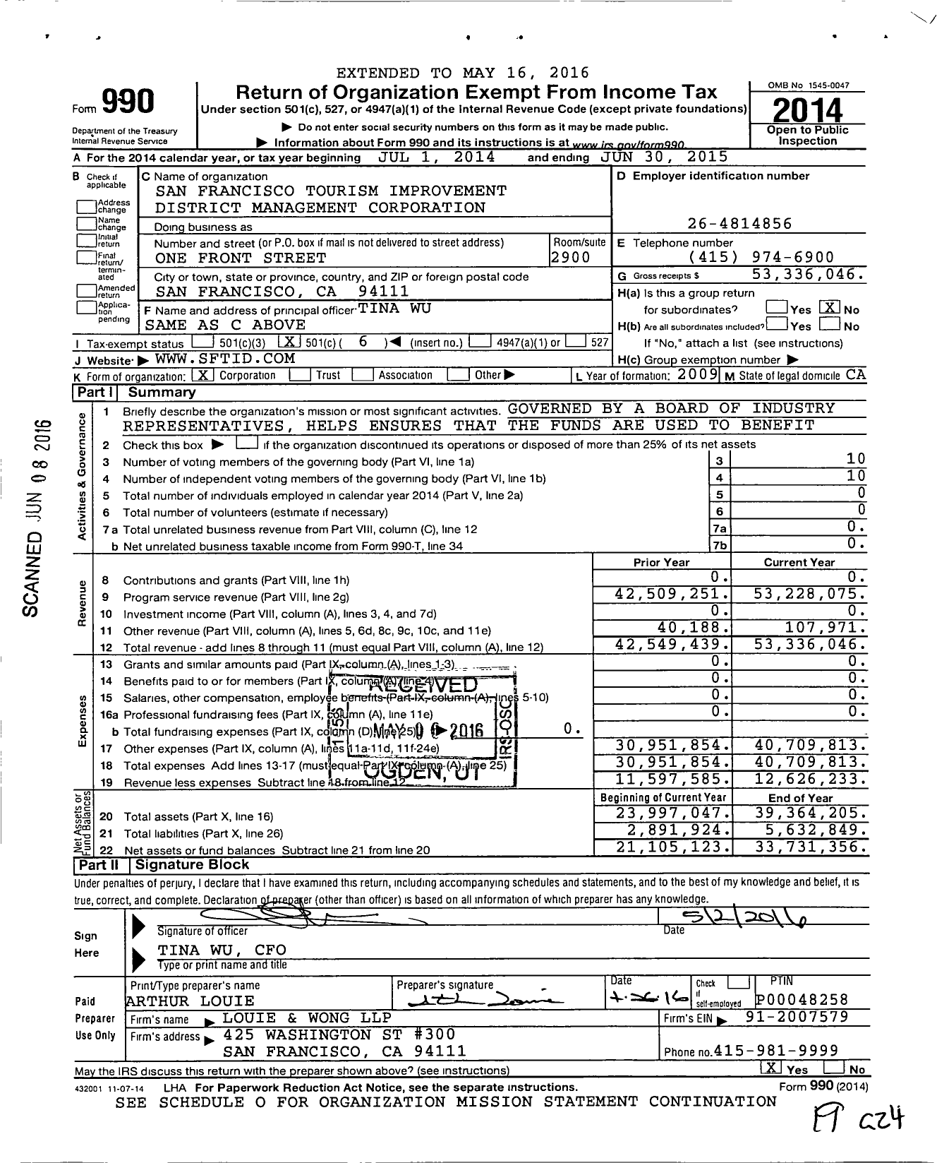 Image of first page of 2014 Form 990O for San Francisco Tourism Improvement District (SF TID)