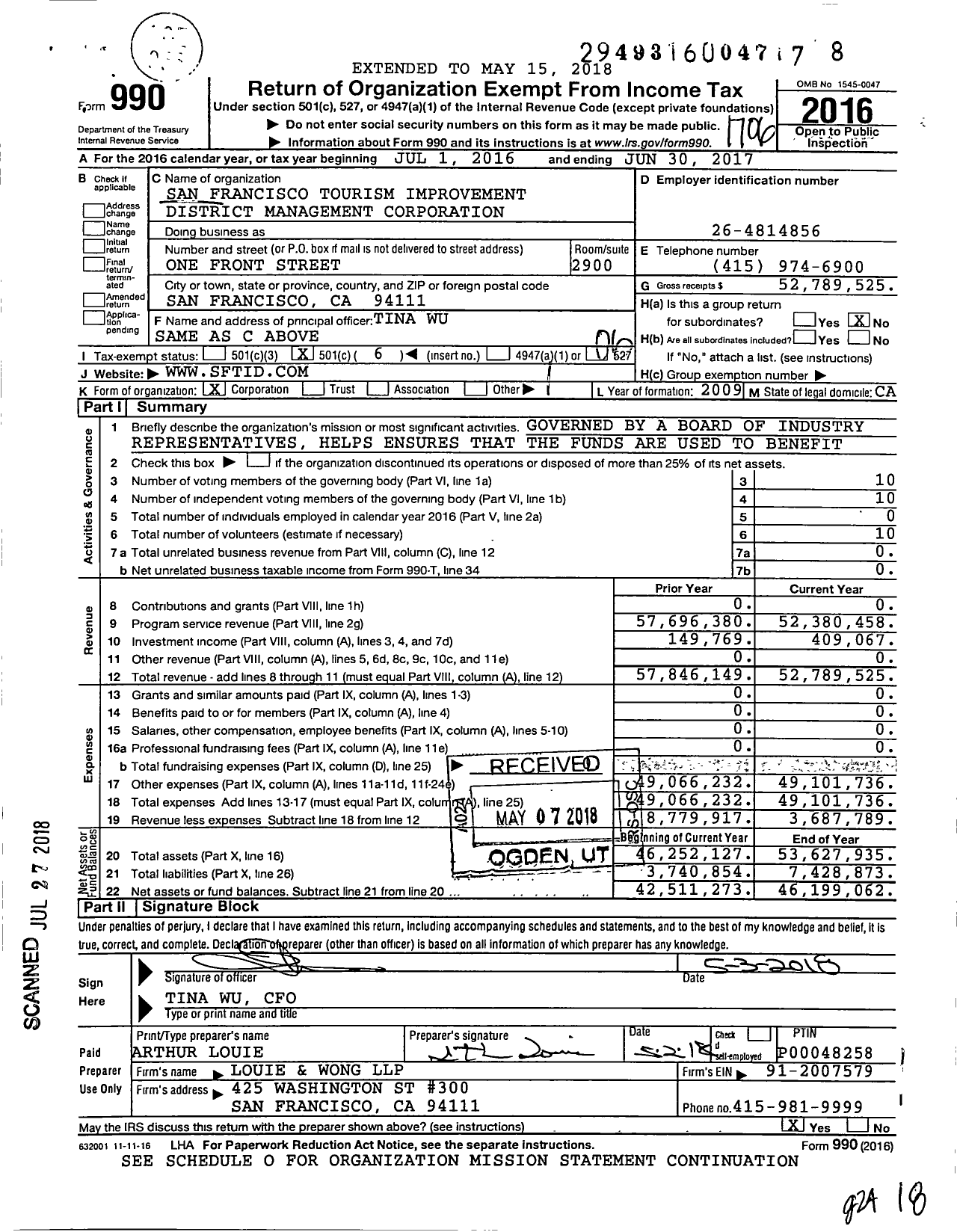 Image of first page of 2016 Form 990O for San Francisco Tourism Improvement District (SF TID)