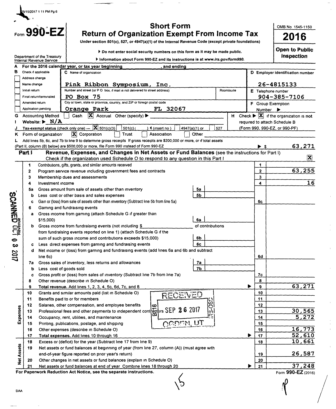 Image of first page of 2016 Form 990EZ for Pink Ribbon Symposium