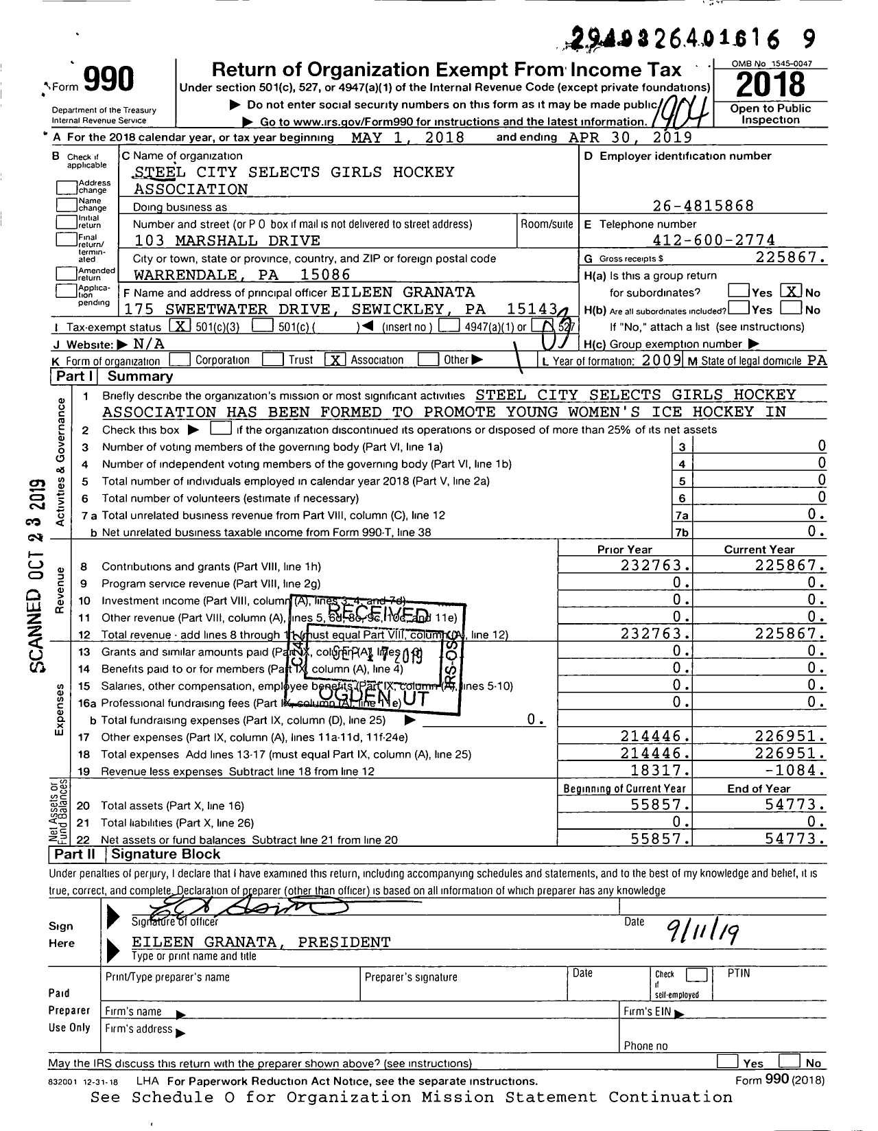 Image of first page of 2018 Form 990 for Steel City Selects Girls Hockey Association