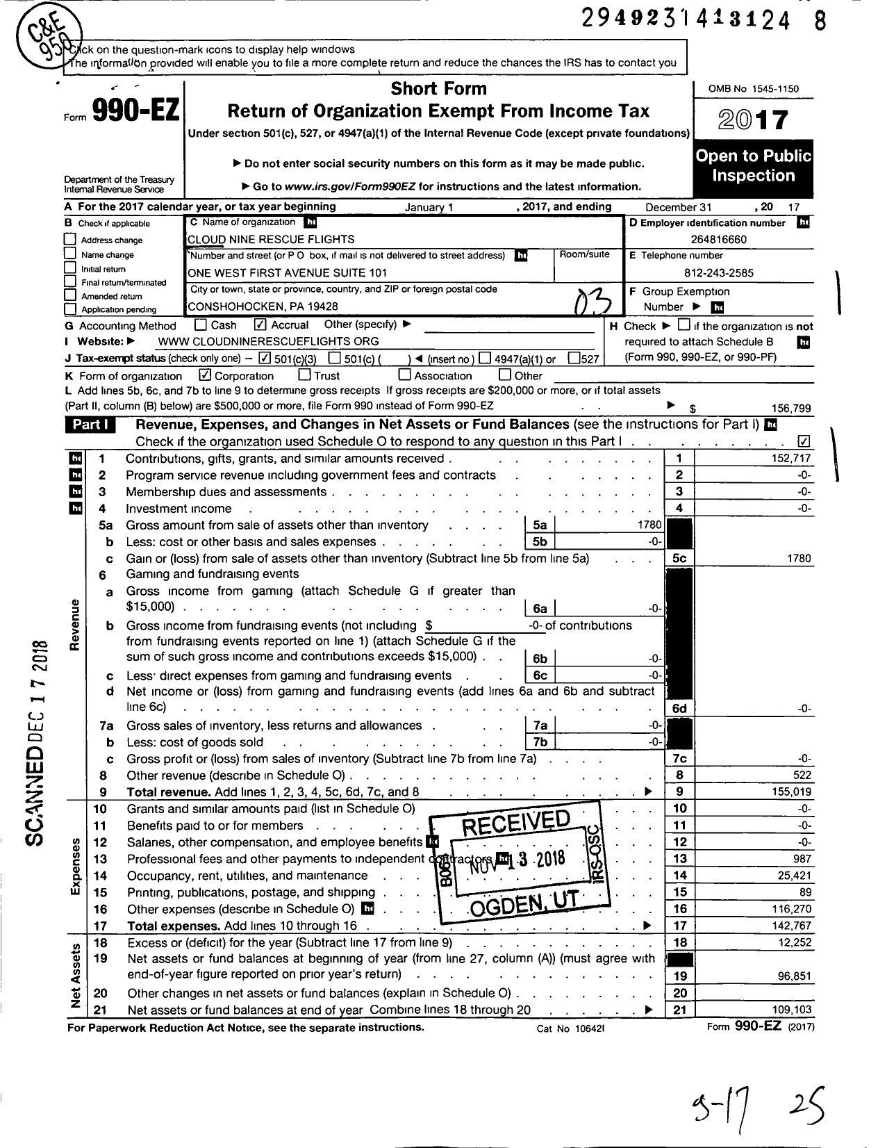 Image of first page of 2017 Form 990EZ for Cloud Nine Rescue Flights