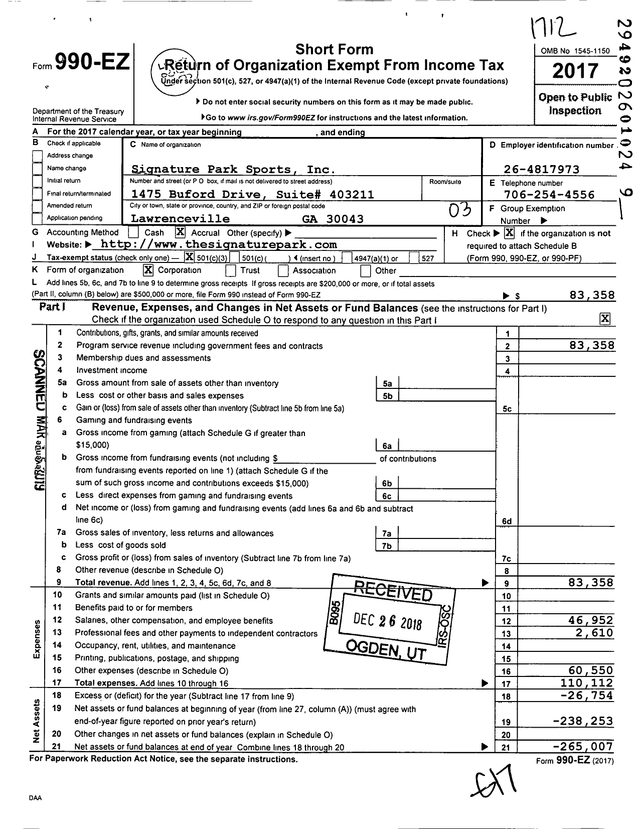 Image of first page of 2017 Form 990EZ for Signature Park Sports