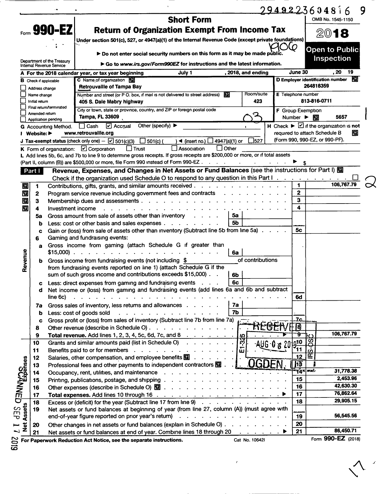 Image of first page of 2018 Form 990EZ for Retrouvaille of Tampa Bay