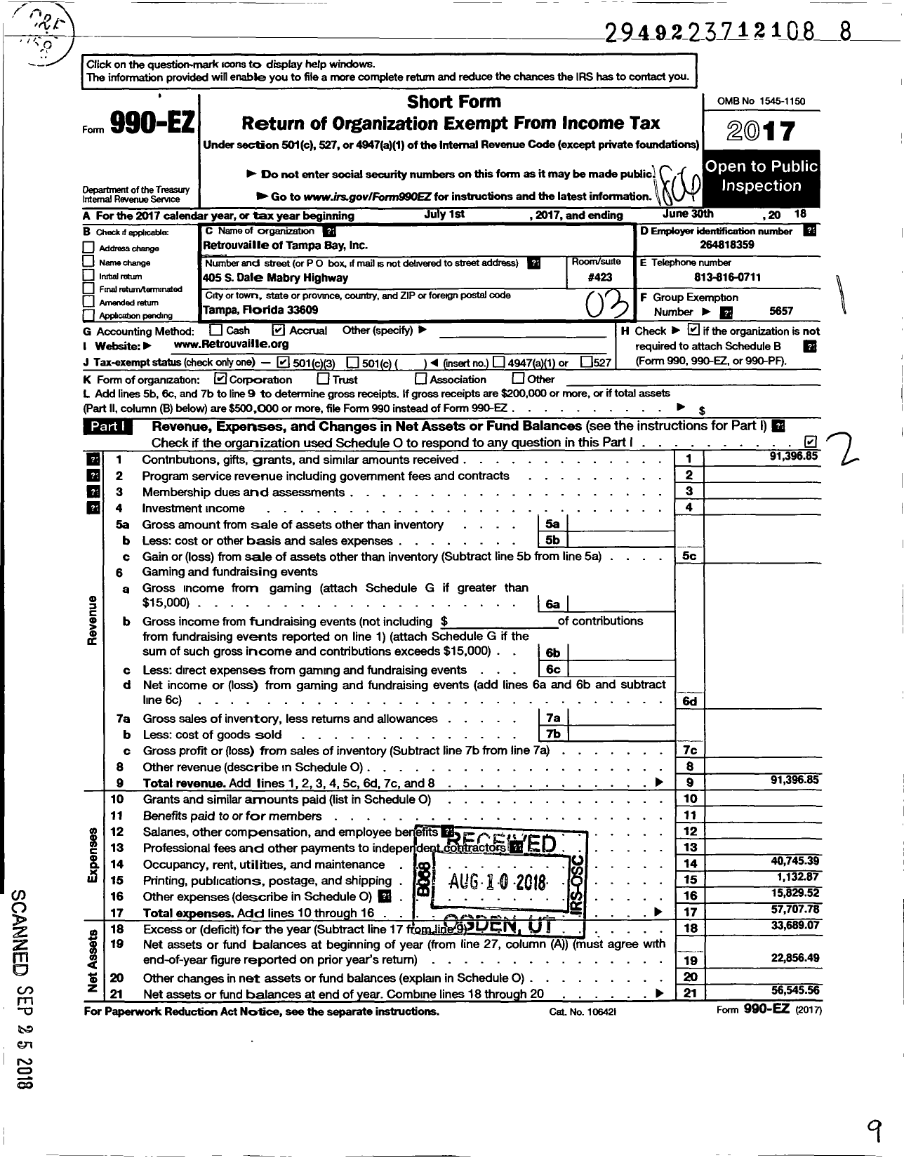 Image of first page of 2017 Form 990EZ for Retrouvaille of Tampa Bay