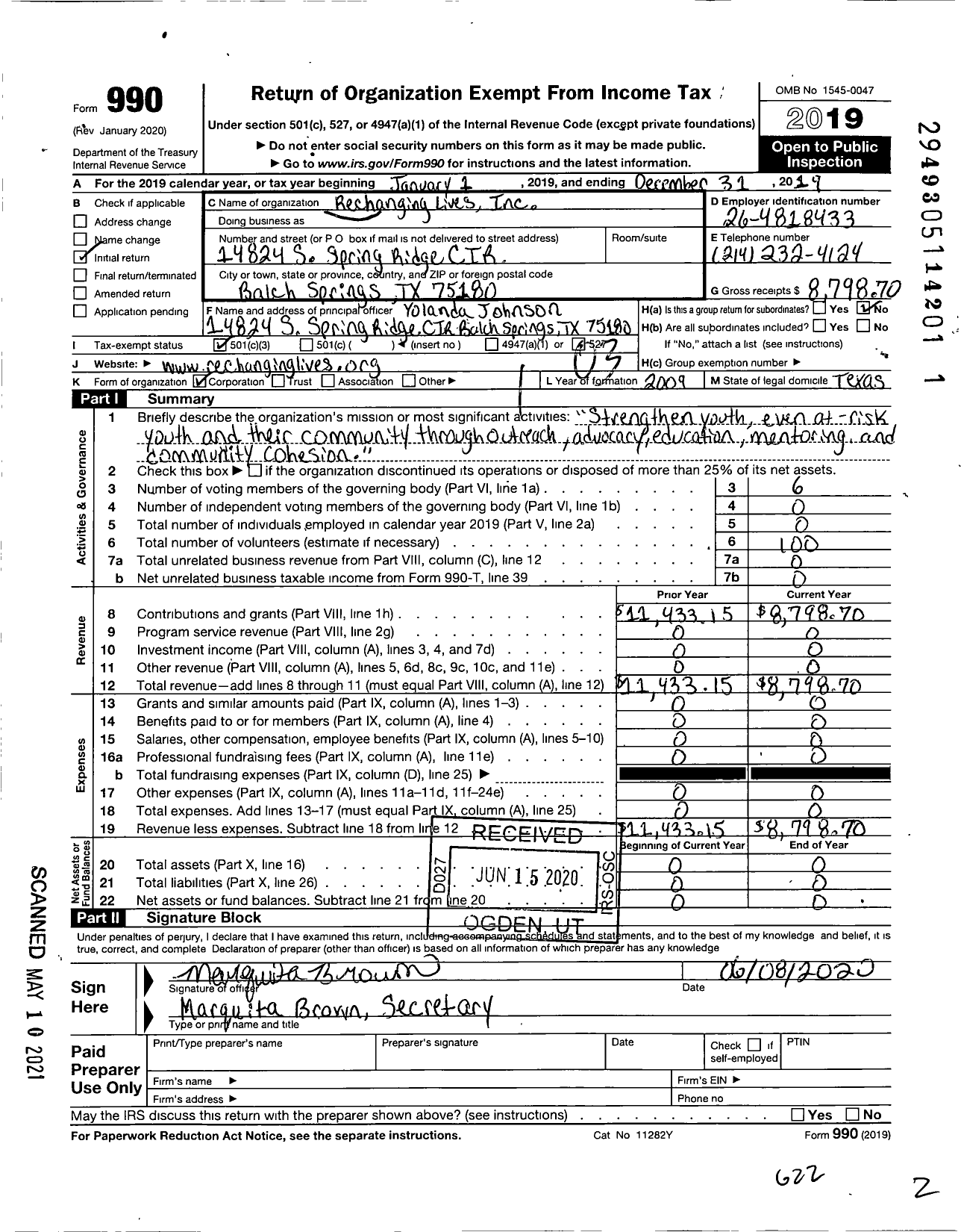 Image of first page of 2019 Form 990 for Rechanging Lives