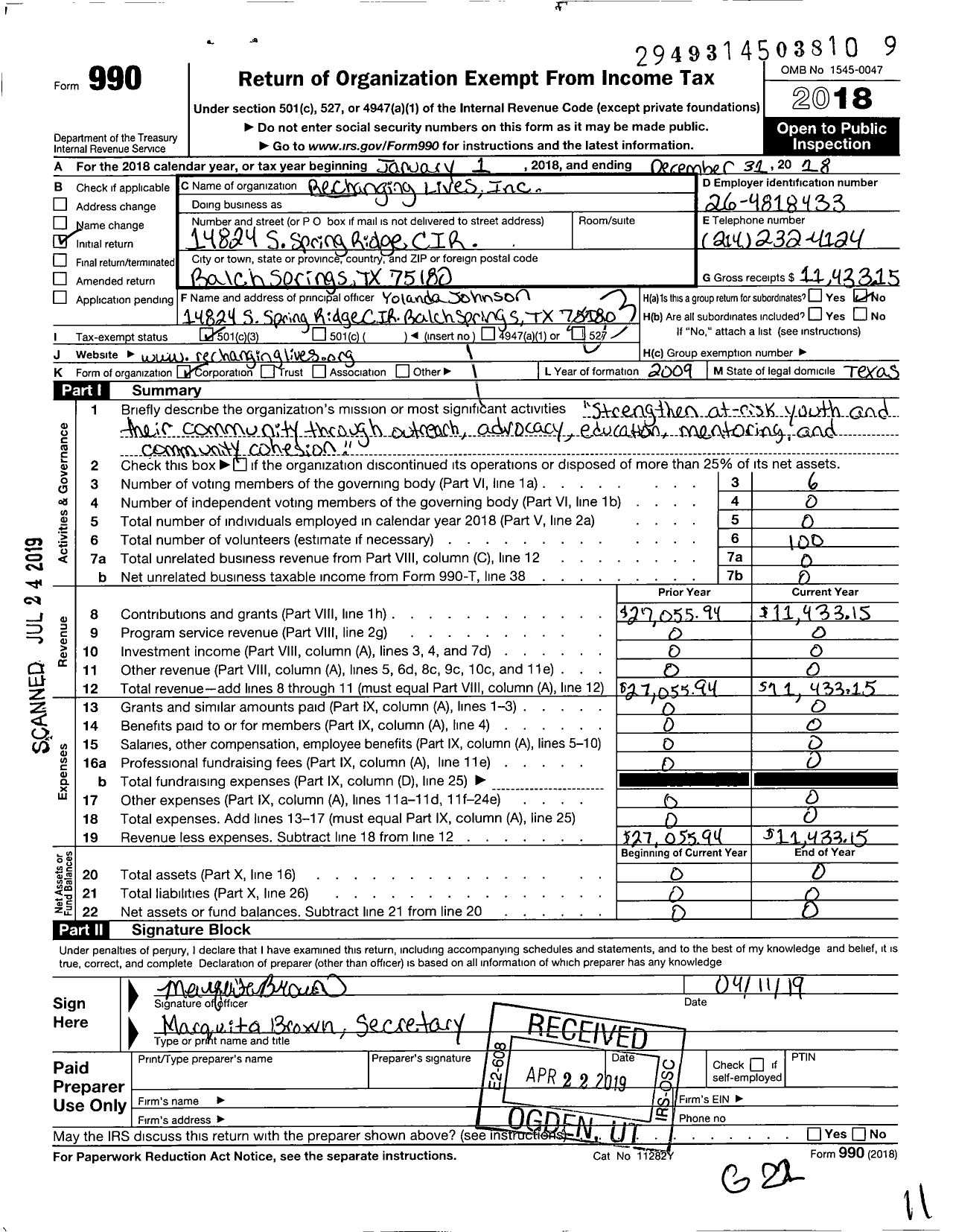 Image of first page of 2018 Form 990 for Rechanging Lives