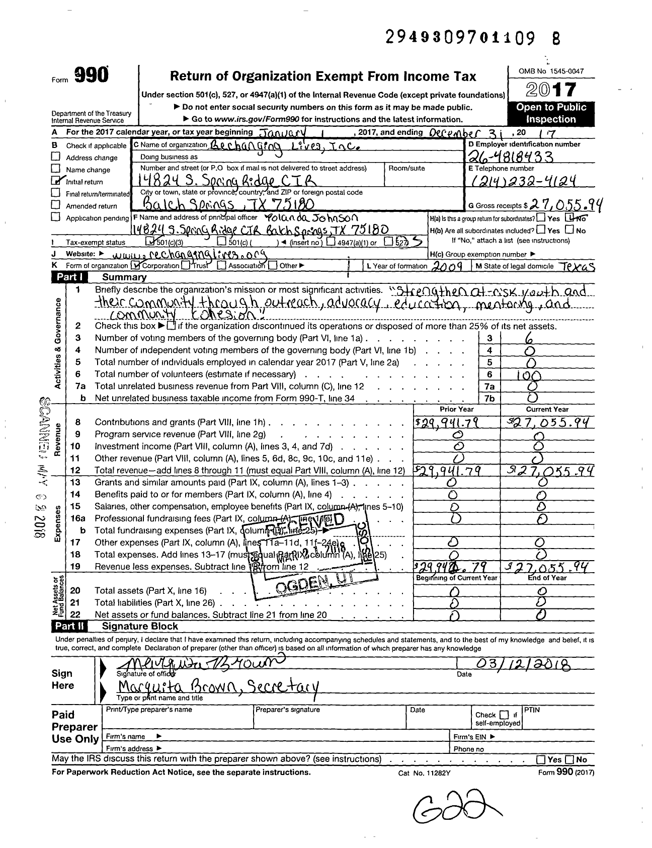 Image of first page of 2017 Form 990 for Rechanging Lives