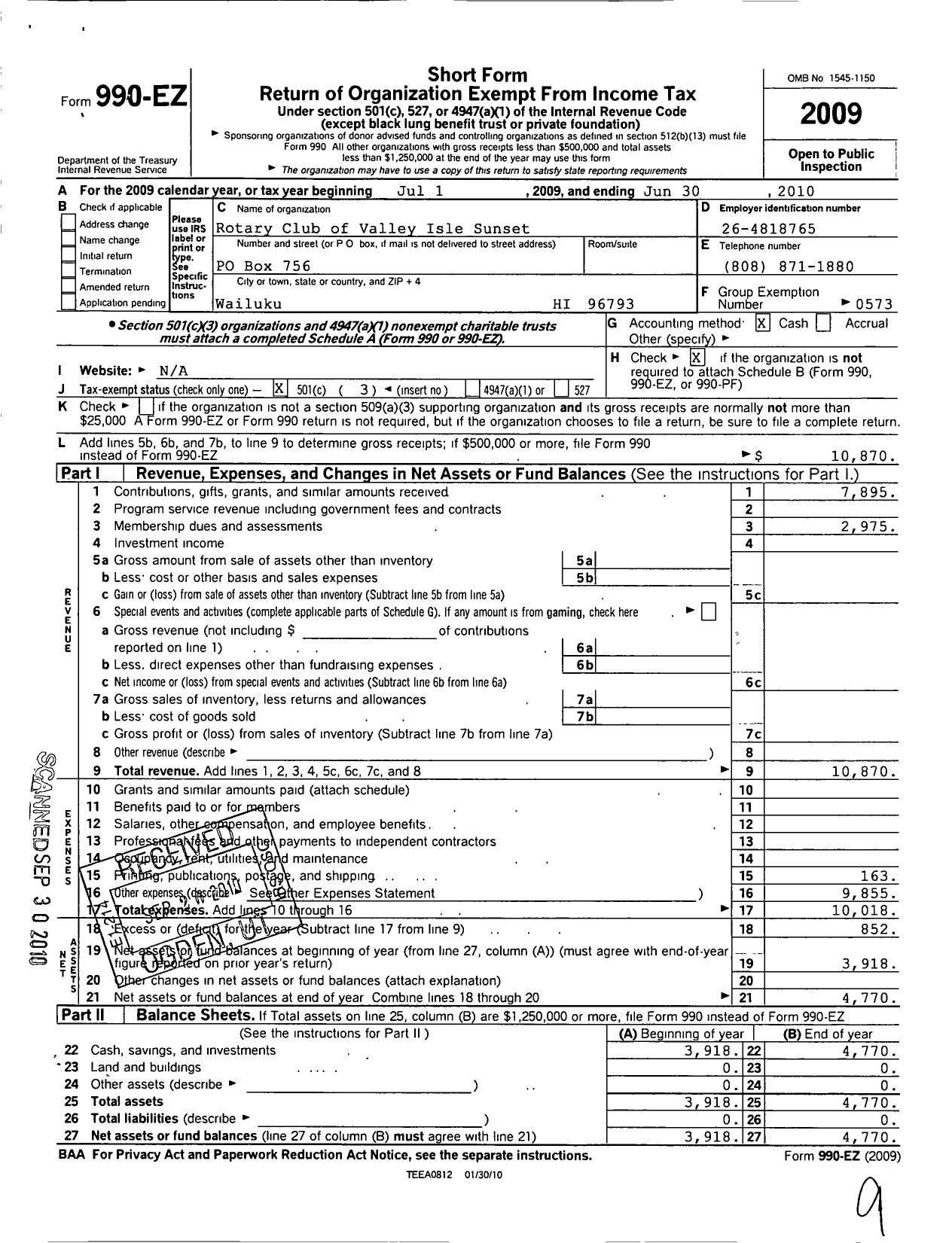 Image of first page of 2009 Form 990EZ for Rotary International - Eco Maui