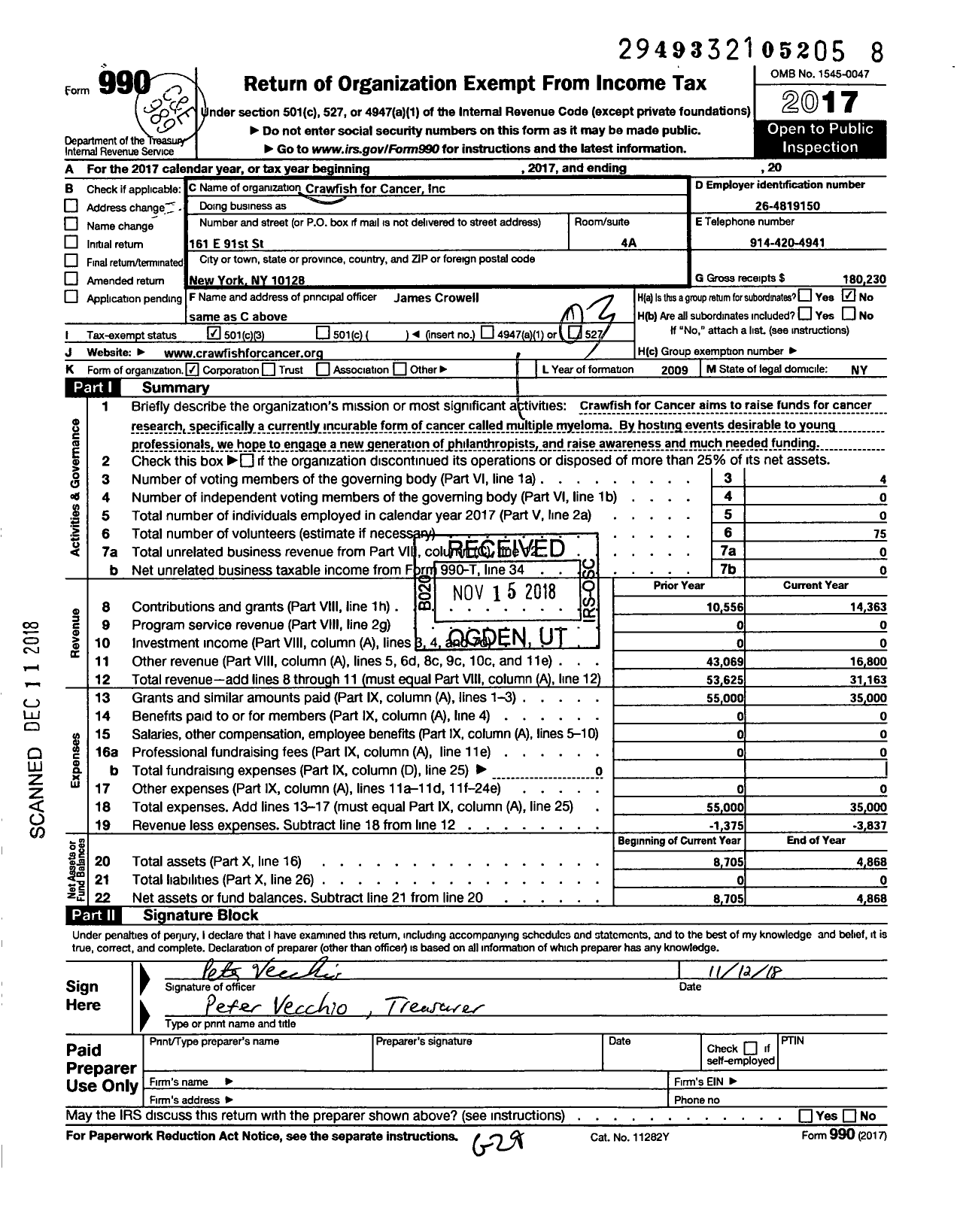 Image of first page of 2017 Form 990 for Crawfish for Cancer