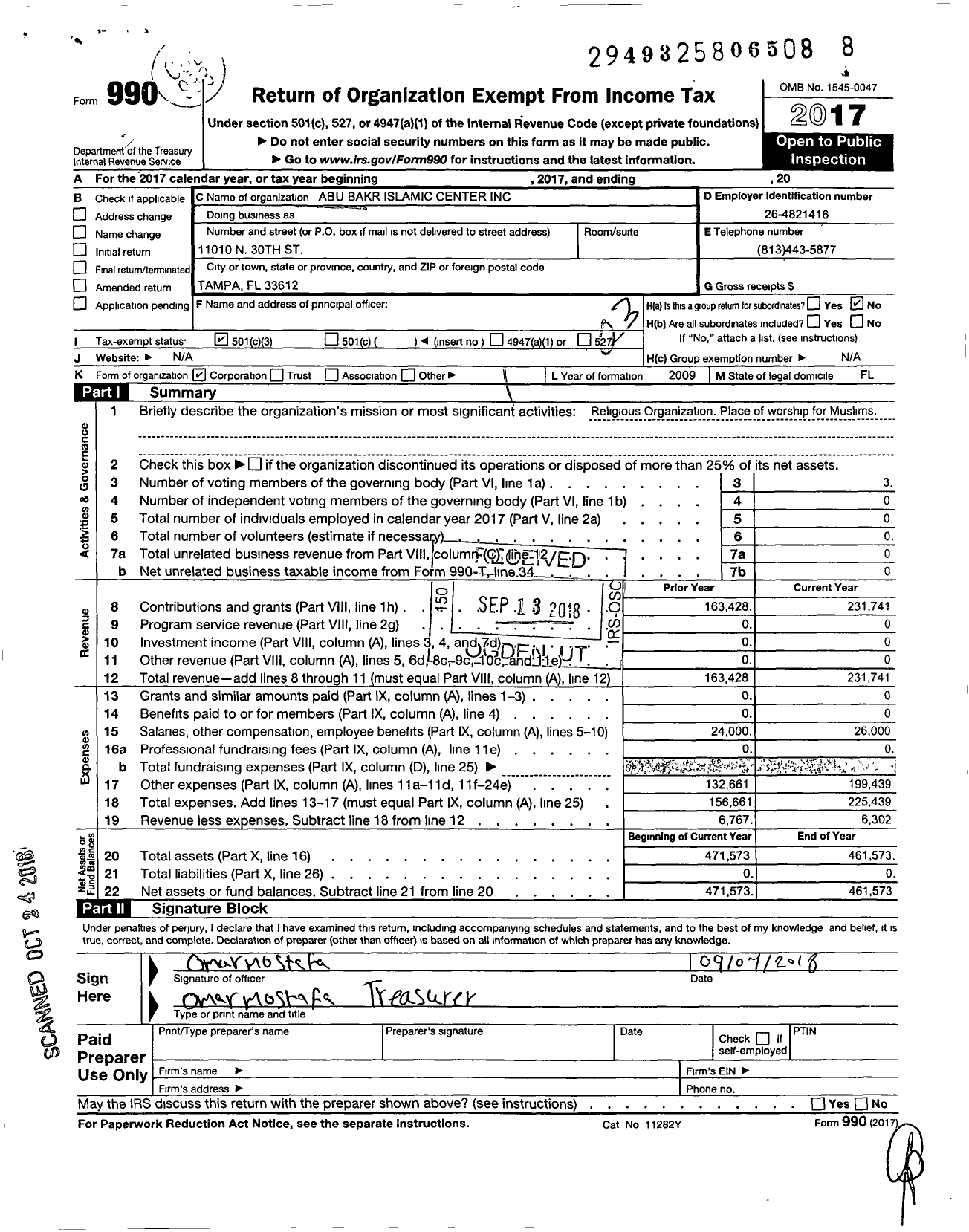 Image of first page of 2017 Form 990 for Abu Bakr Islamic Center