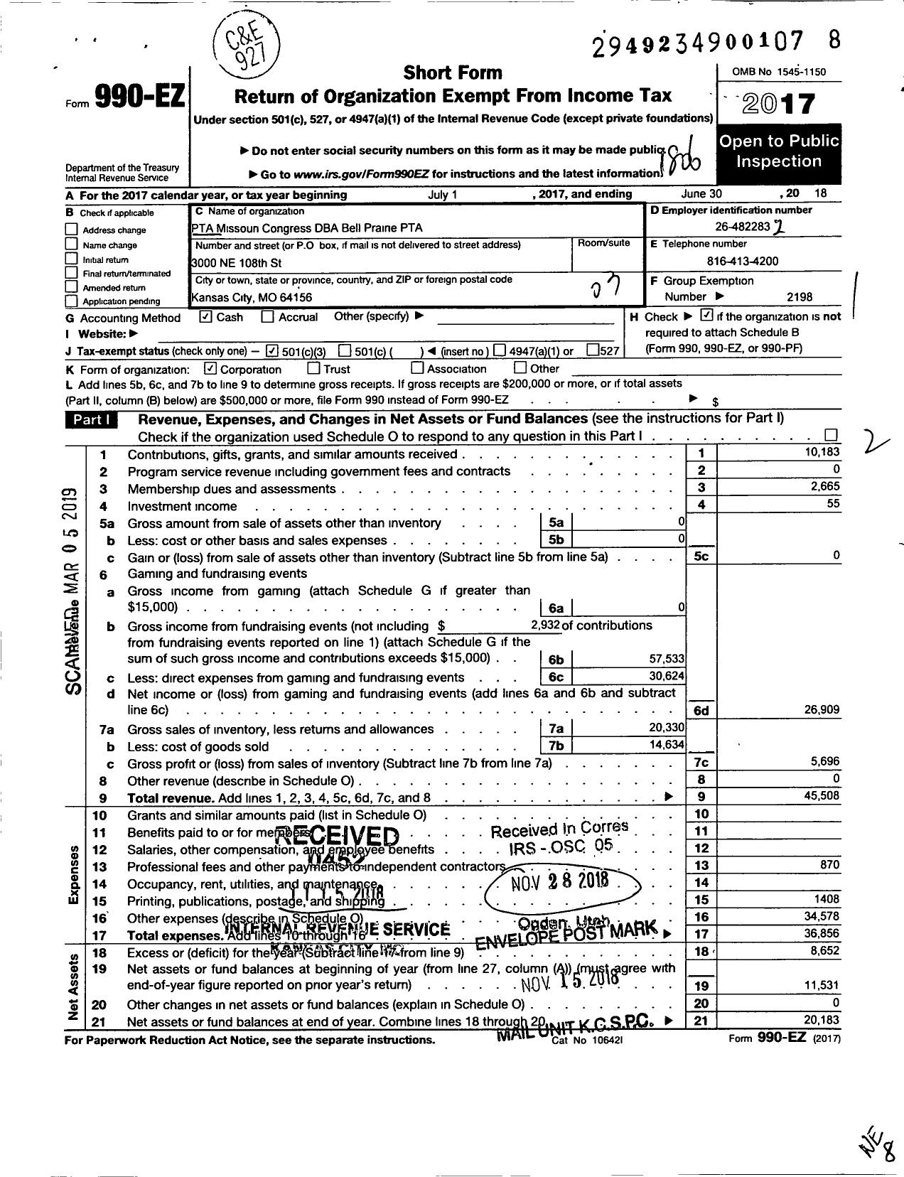 Image of first page of 2017 Form 990EZ for PTA Missouri Congress