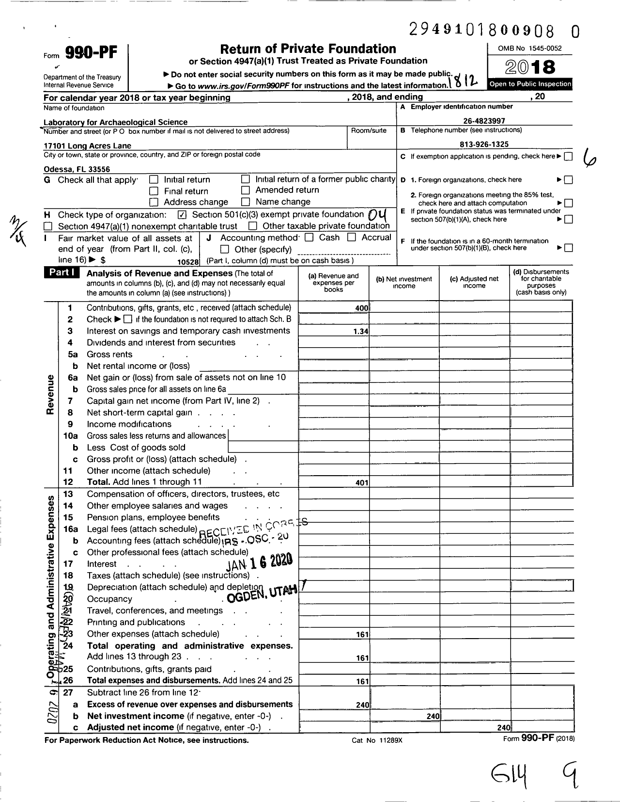 Image of first page of 2018 Form 990PR for Laboratory for Archaeological Science