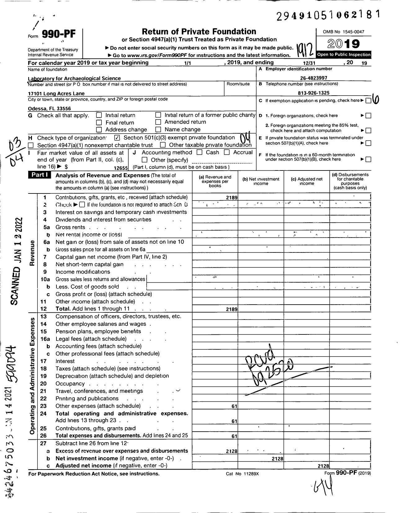 Image of first page of 2019 Form 990PF for Laboratory for Archaeological Science