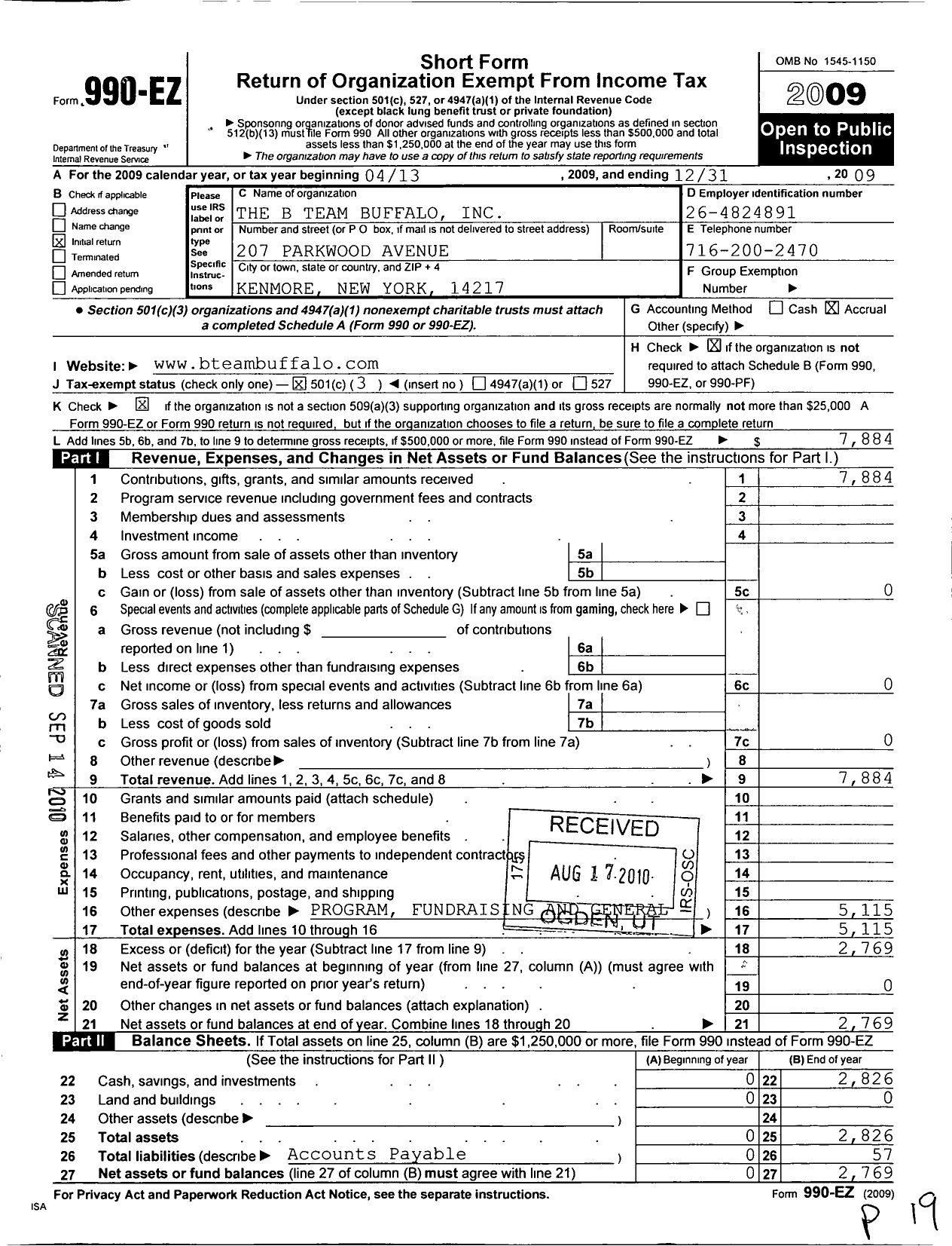 Image of first page of 2009 Form 990EZ for B Team Buffalo