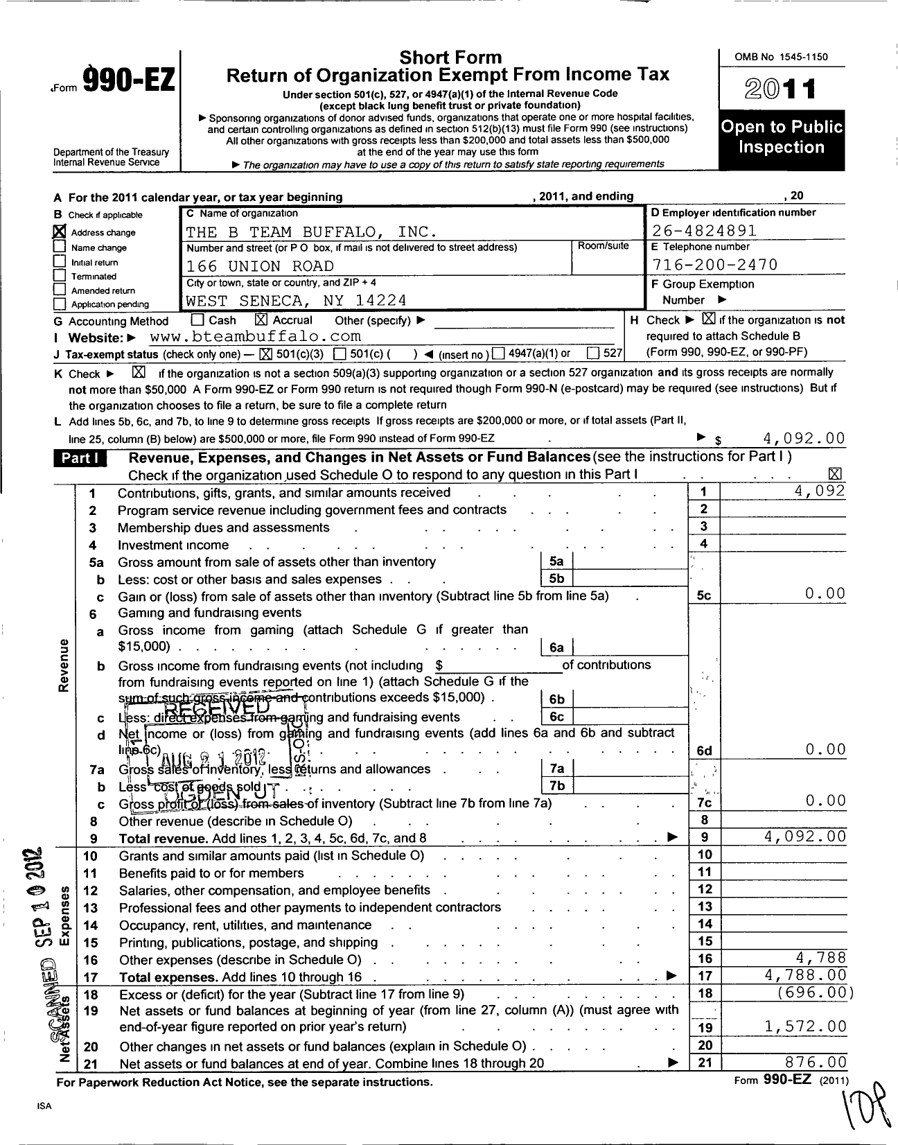 Image of first page of 2011 Form 990EZ for B Team Buffalo