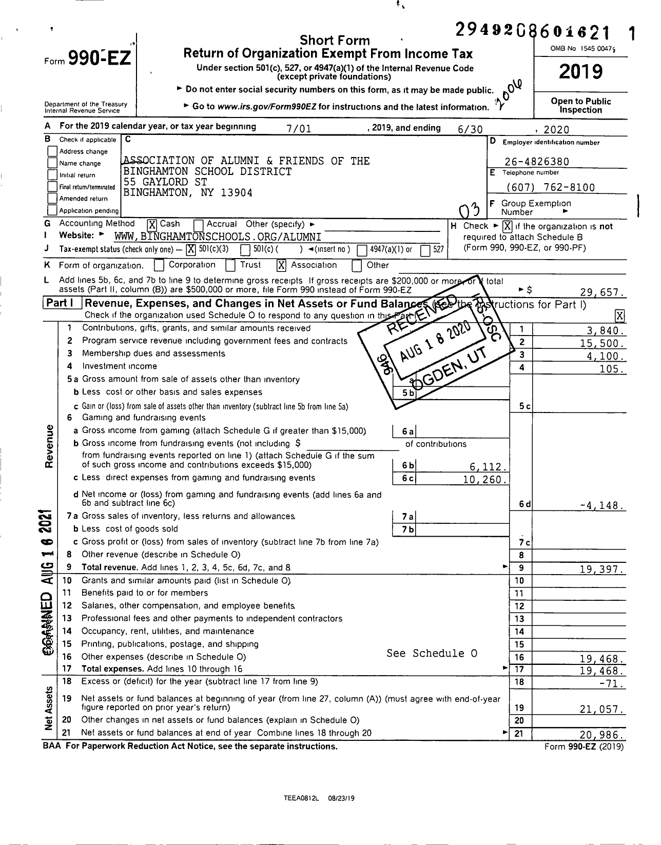 Image of first page of 2019 Form 990EZ for Association of Alumni and Friends of the Binghamton School District