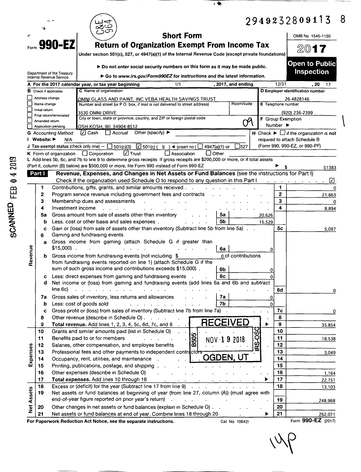 Image of first page of 2017 Form 990EO for Omni Glass and Paint Veba Health Savings Trust