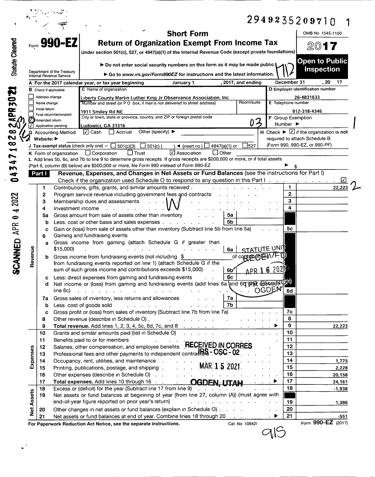 Image of first page of 2017 Form 990EZ for Liberty County Martin Luther King JR Observance Association