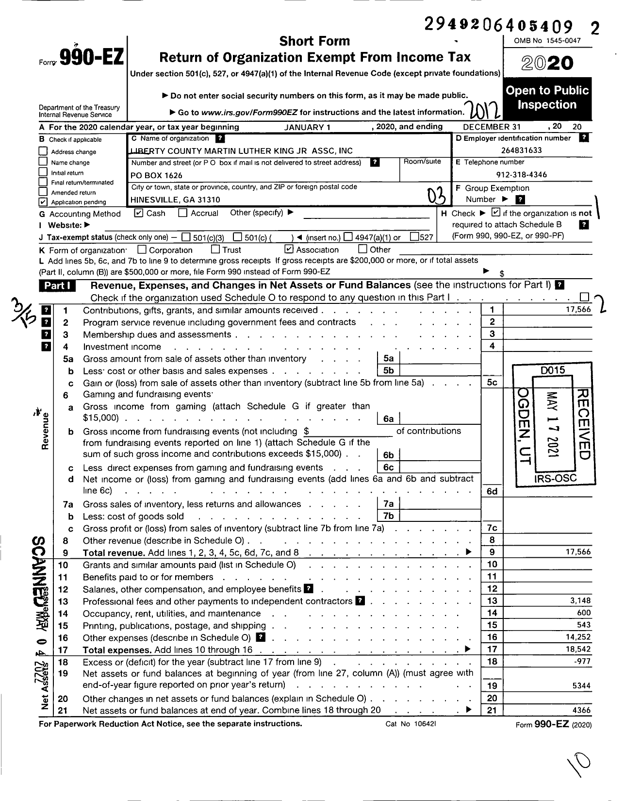 Image of first page of 2020 Form 990EZ for Liberty County Martin Luther King JR Observance Association