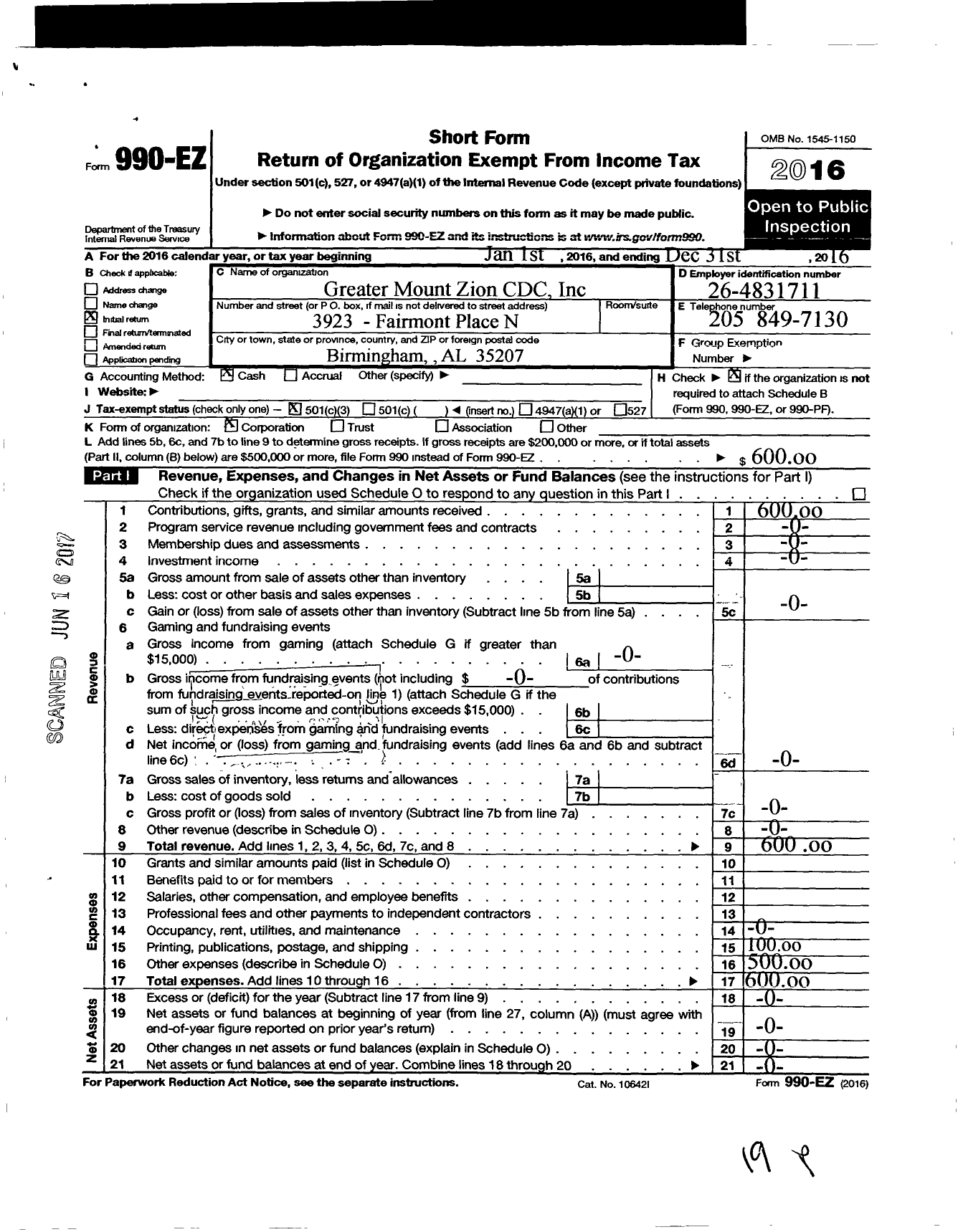 Image of first page of 2016 Form 990EZ for MT Zion Community Development Corporation