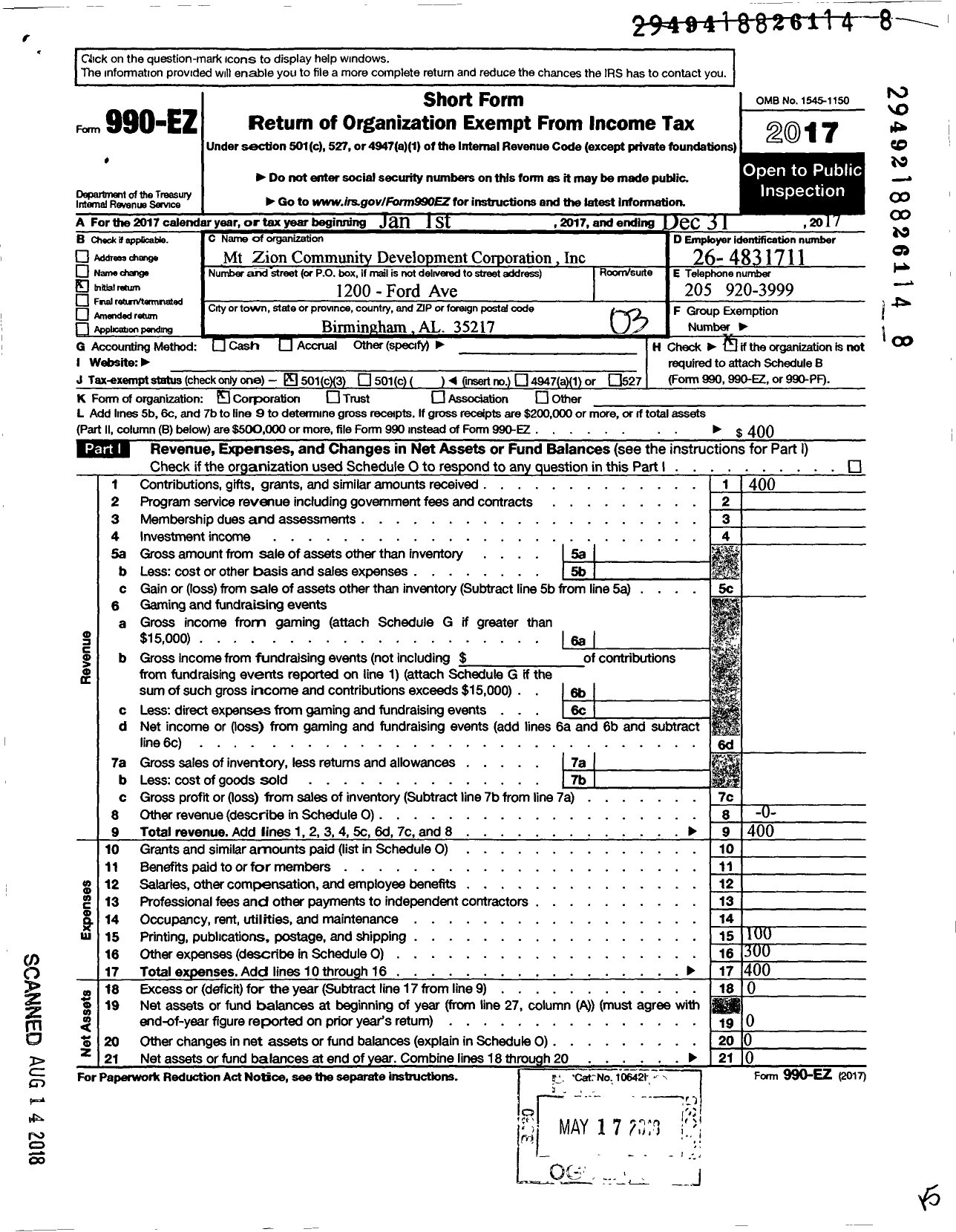 Image of first page of 2017 Form 990EZ for MT Zion Community Development Corporation