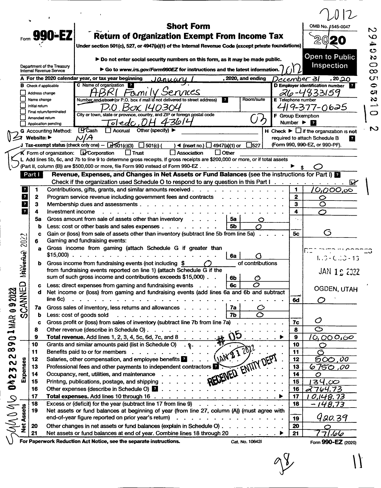 Image of first page of 2020 Form 990EZ for Abri Family Services