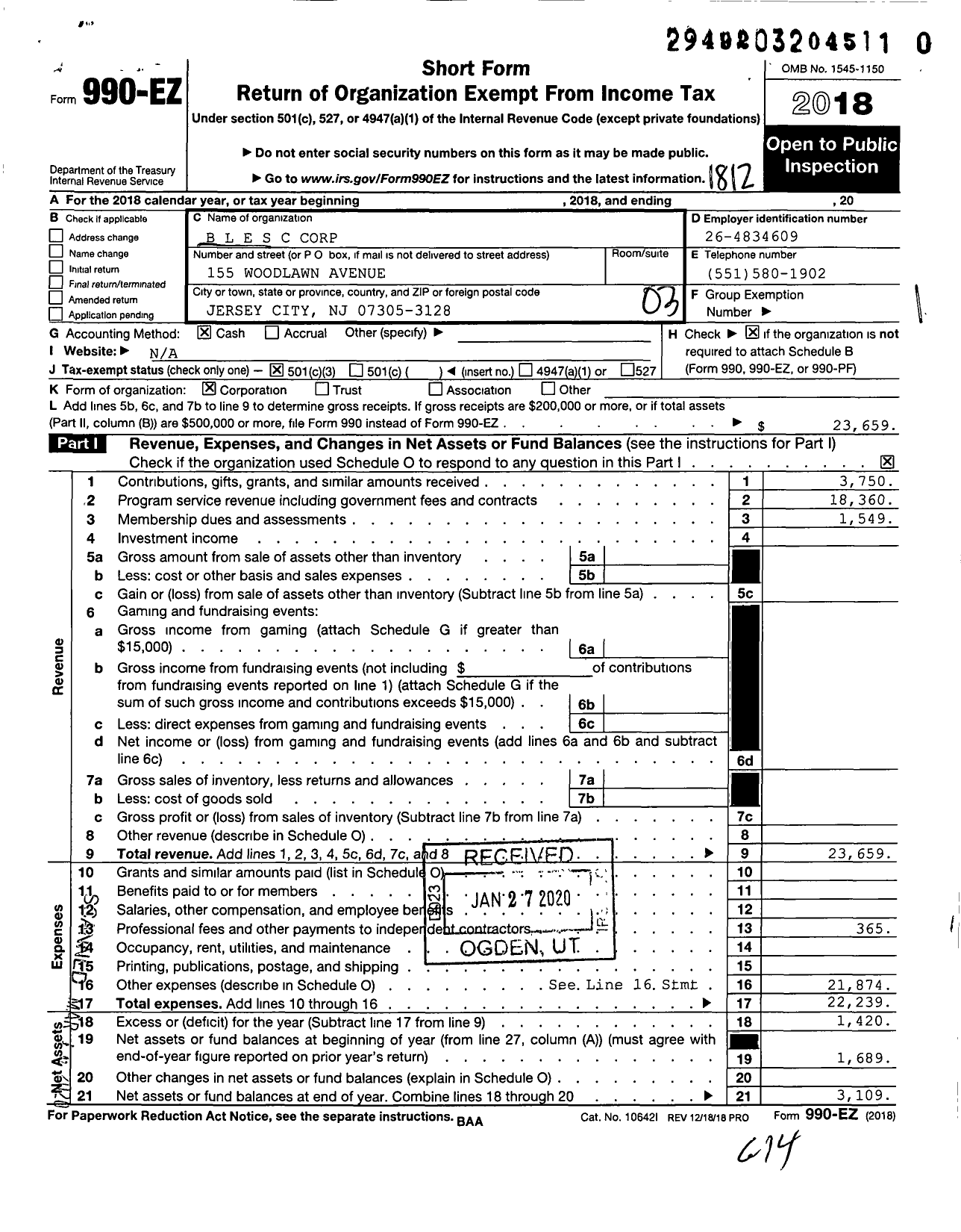Image of first page of 2018 Form 990EZ for B L E S C Corporation