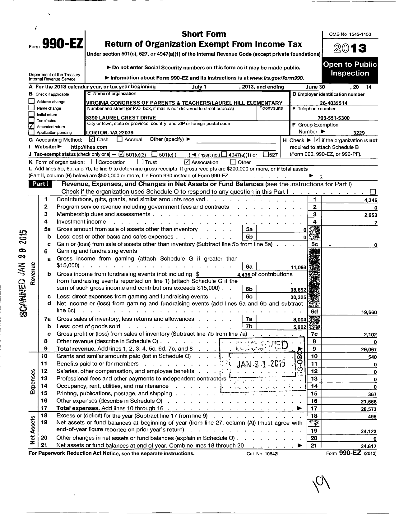 Image of first page of 2013 Form 990EZ for Virginia PTA - Laurel Hill Elementary School PTA