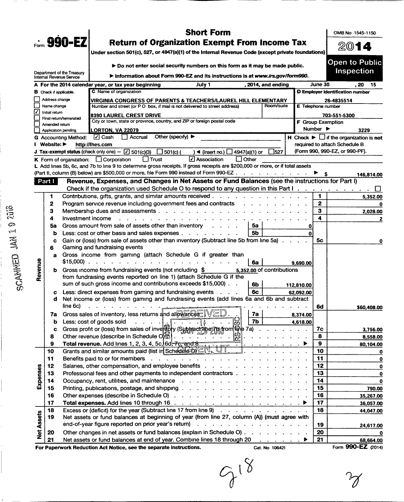Image of first page of 2014 Form 990EZ for Virginia PTA - Laurel Hill Elementary School PTA