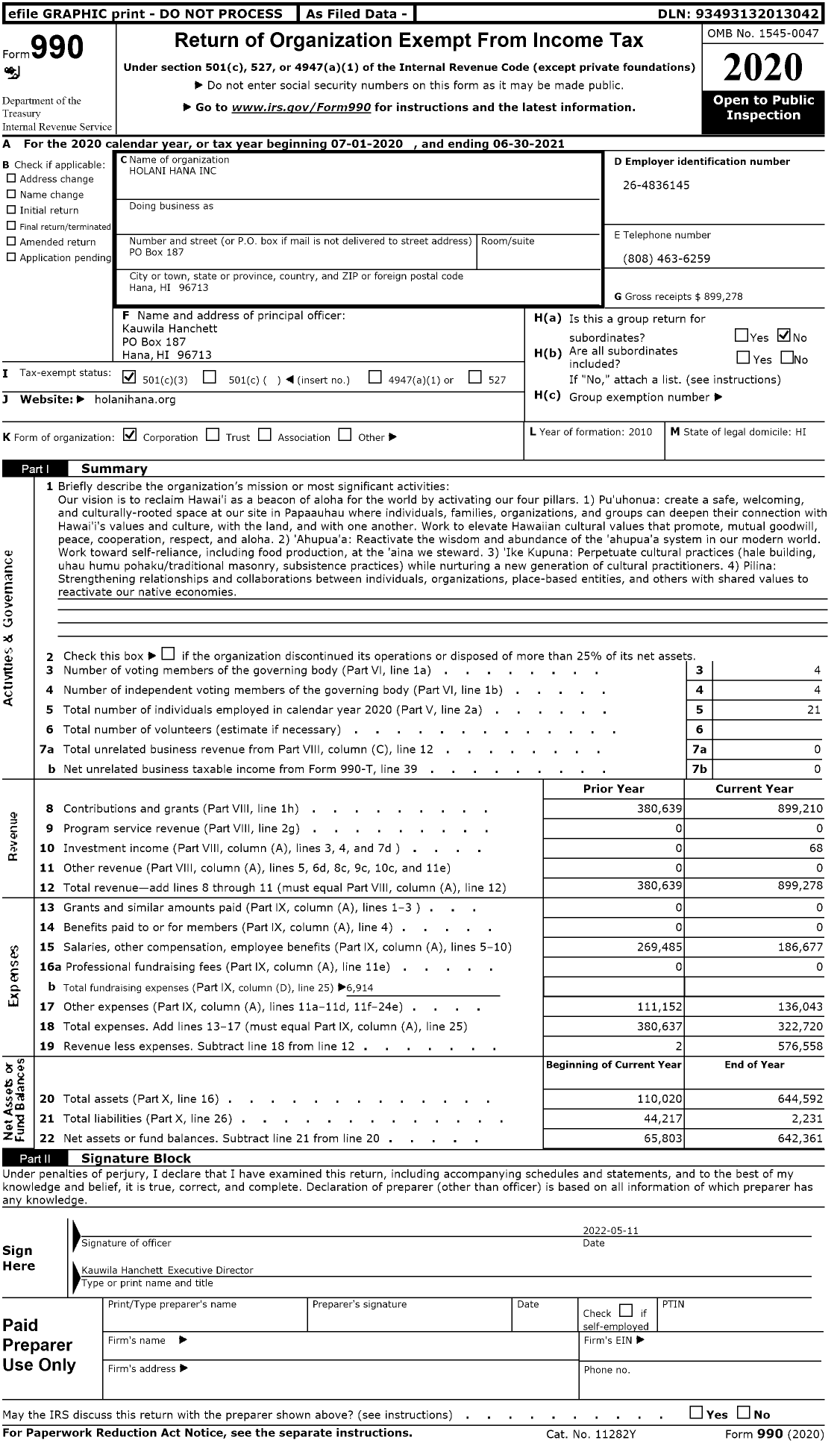 Image of first page of 2020 Form 990 for Holani Hana