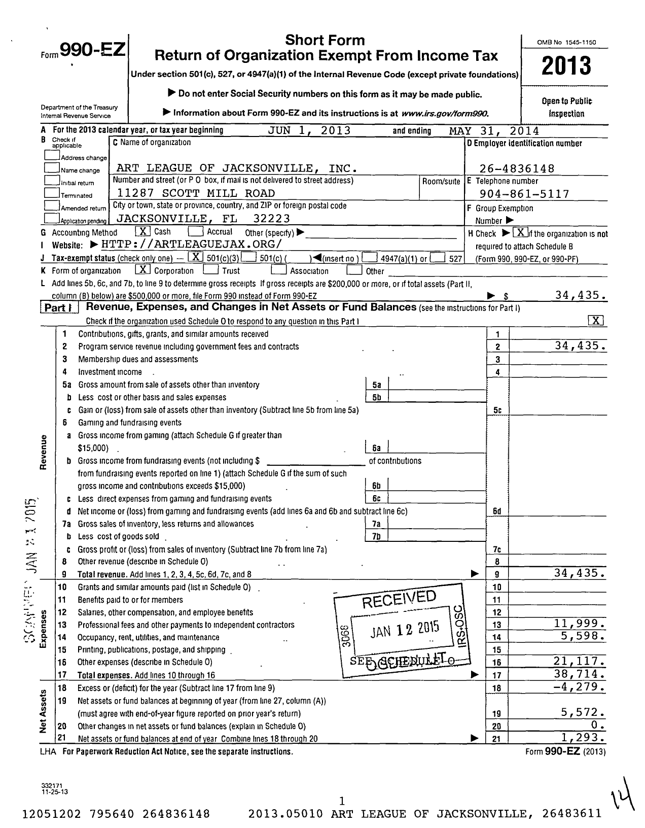 Image of first page of 2013 Form 990EZ for Art League of Jacksonville