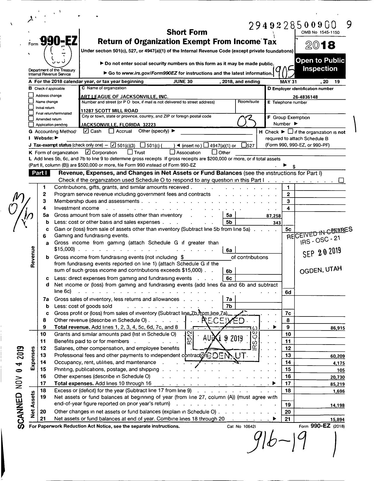 Image of first page of 2018 Form 990EZ for Art League of Jacksonville