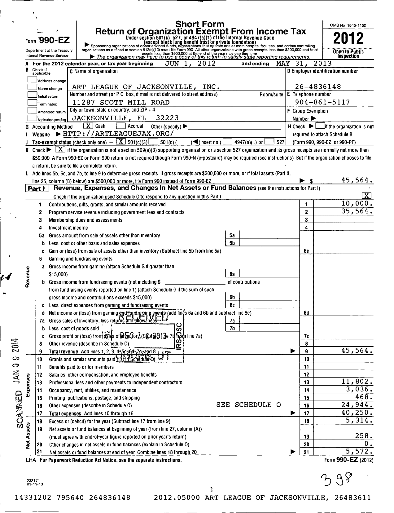 Image of first page of 2012 Form 990EZ for Art League of Jacksonville