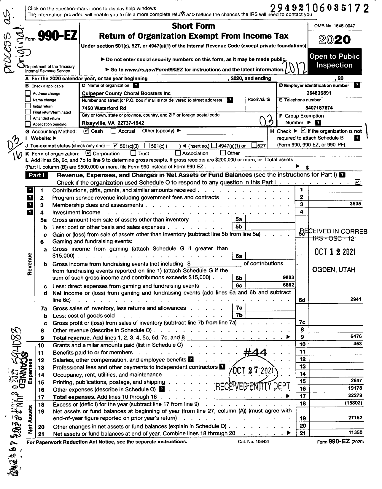 Image of first page of 2020 Form 990EZ for Culpeper Choral Boosters