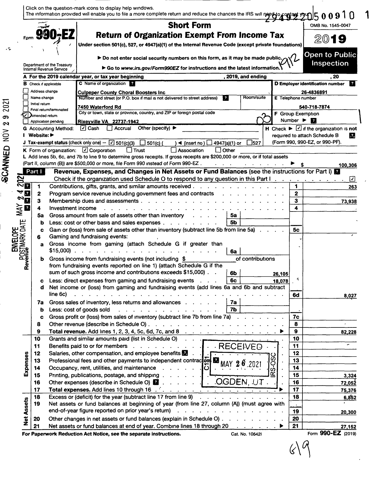 Image of first page of 2019 Form 990EZ for Culpeper Choral Boosters