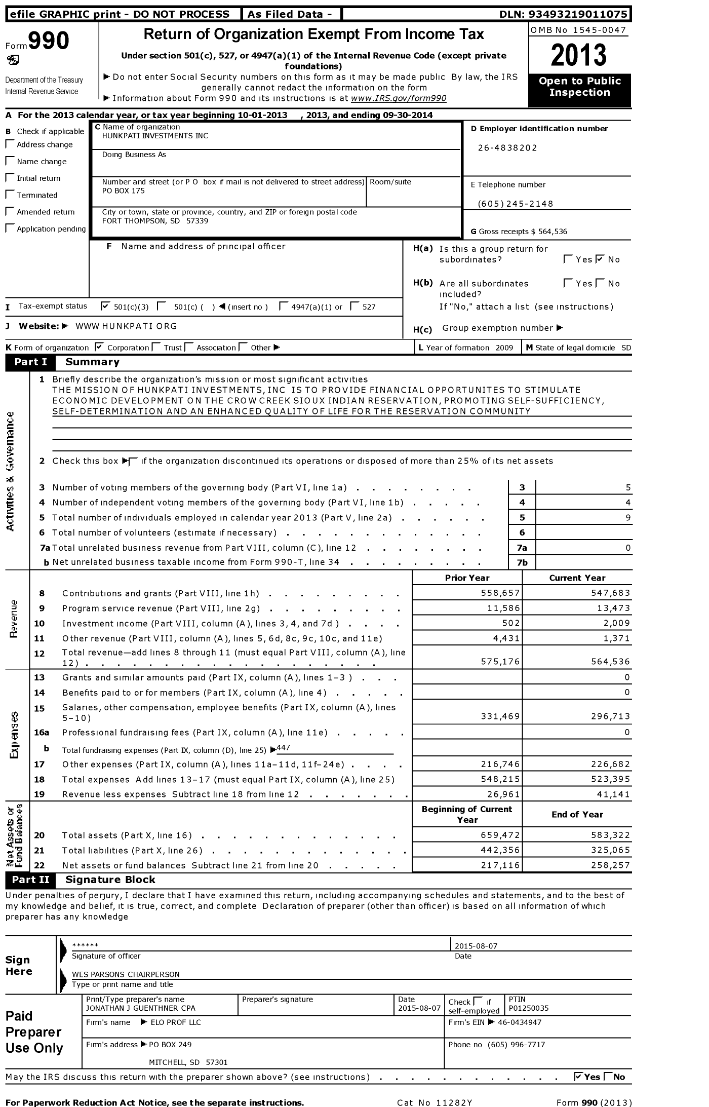 Image of first page of 2013 Form 990 for Hunkpati Investments