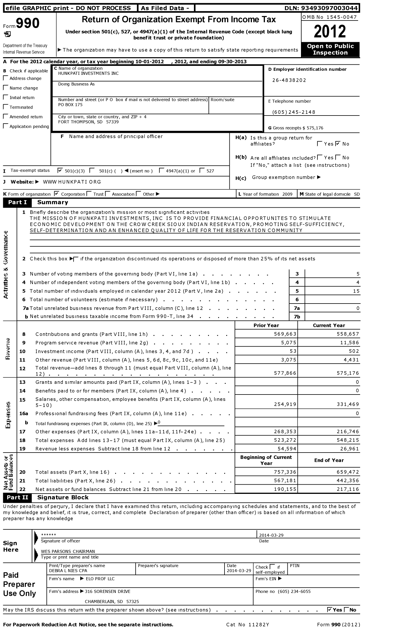 Image of first page of 2012 Form 990 for Hunkpati Investments