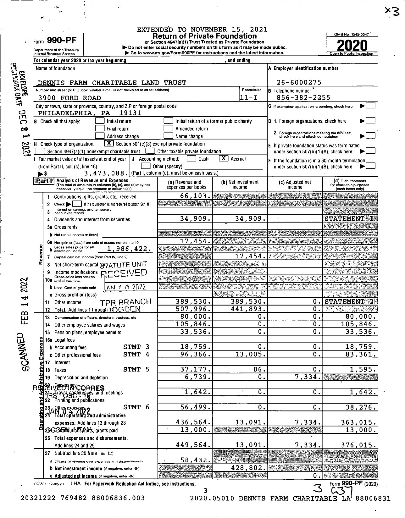 Image of first page of 2020 Form 990PA for Dennis Farm Charitable Land Trust