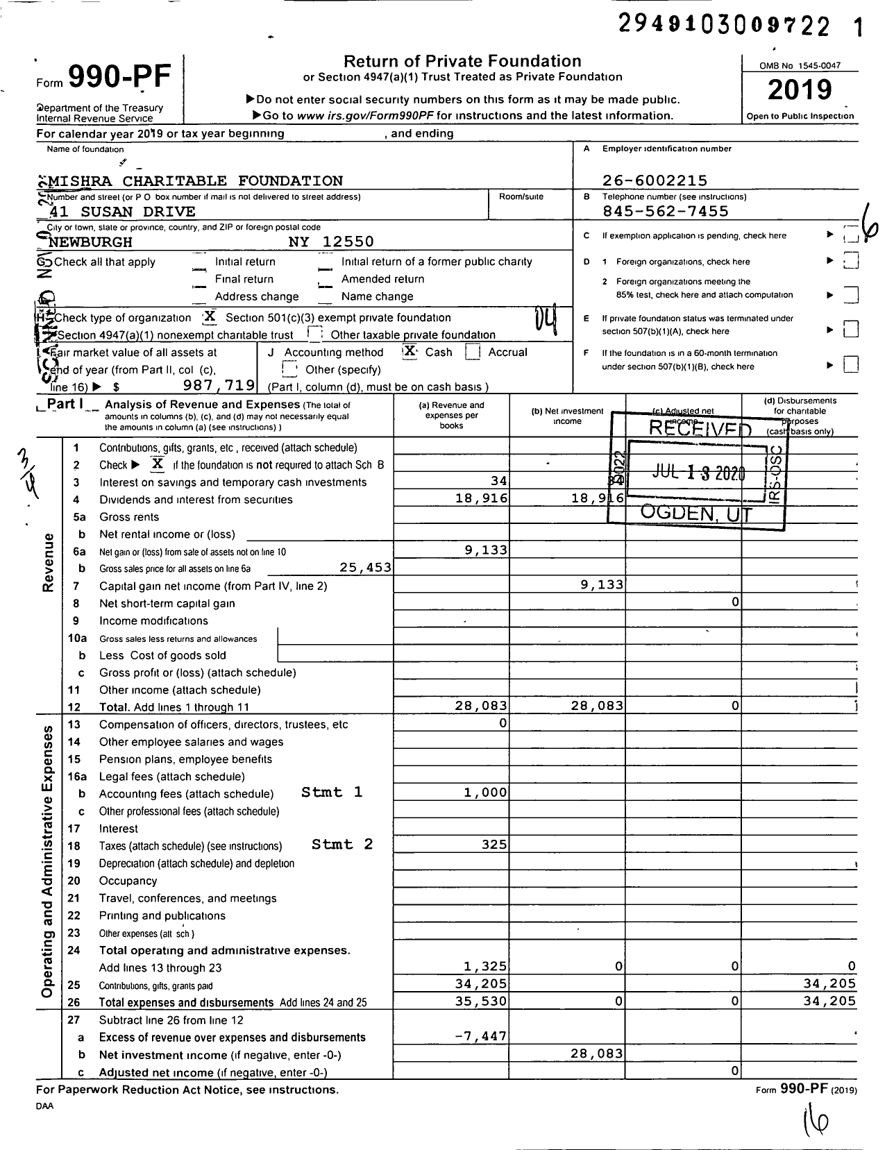 Image of first page of 2019 Form 990PF for Mishra Charitable Foundation