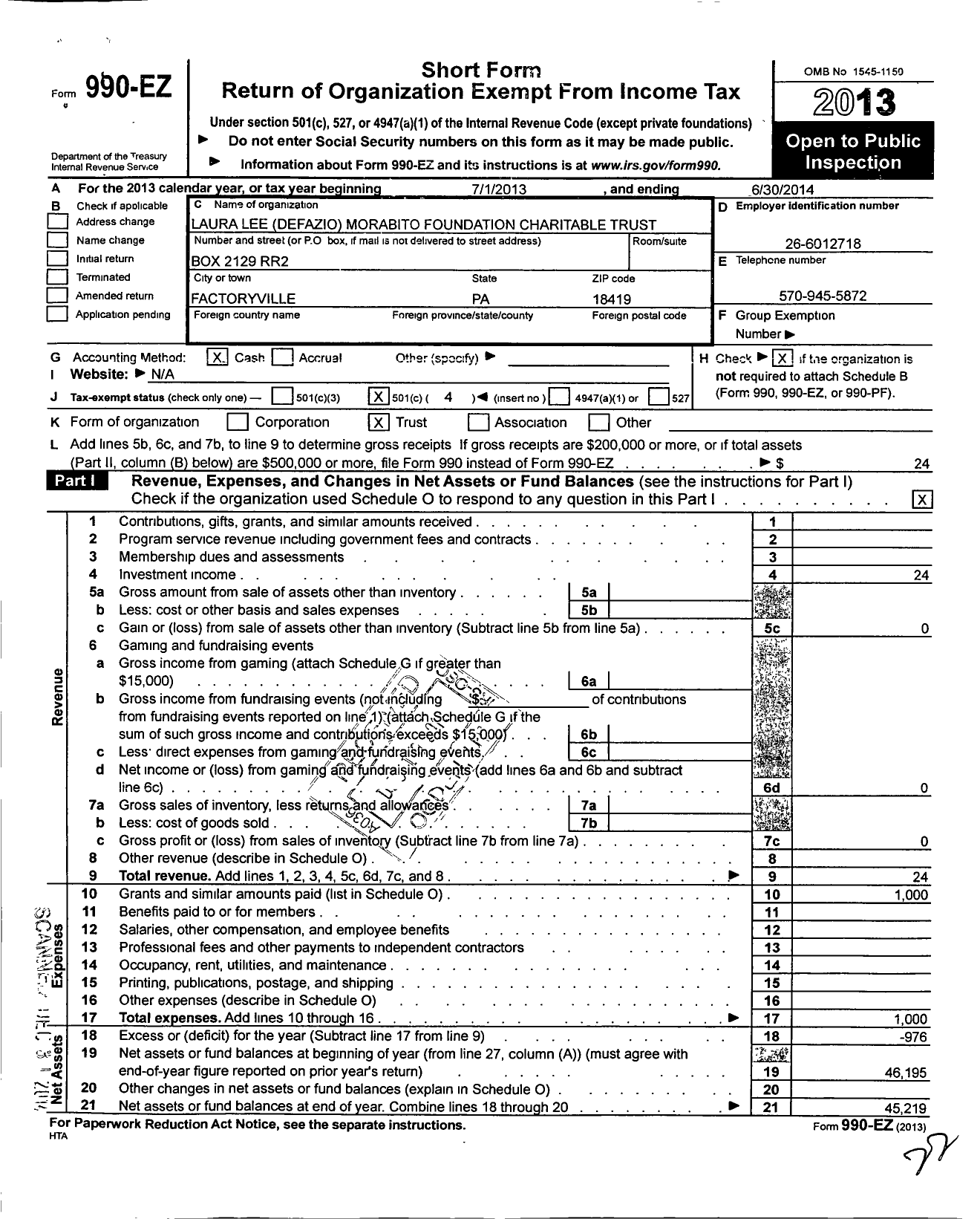 Image of first page of 2013 Form 990EO for Laura Lee