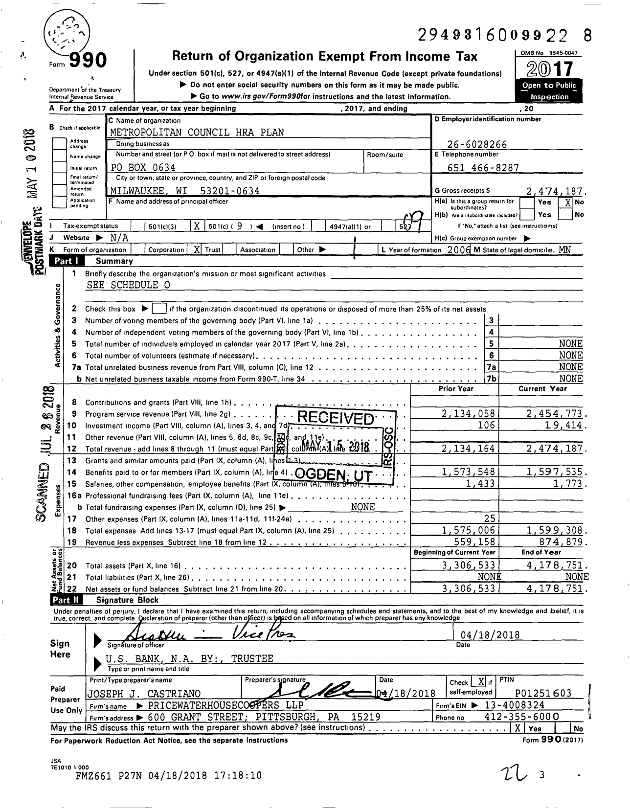 Image of first page of 2017 Form 990O for Metropolitan Council Hra Plan