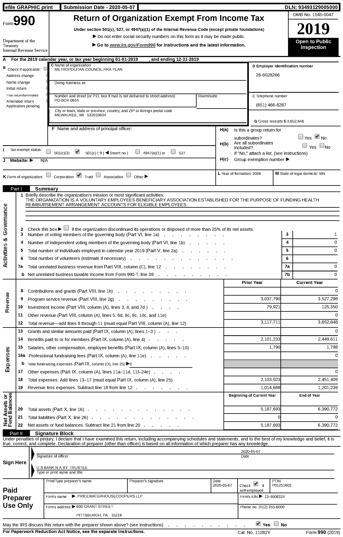 Image of first page of 2019 Form 990 for Metropolitan Council Hra Plan
