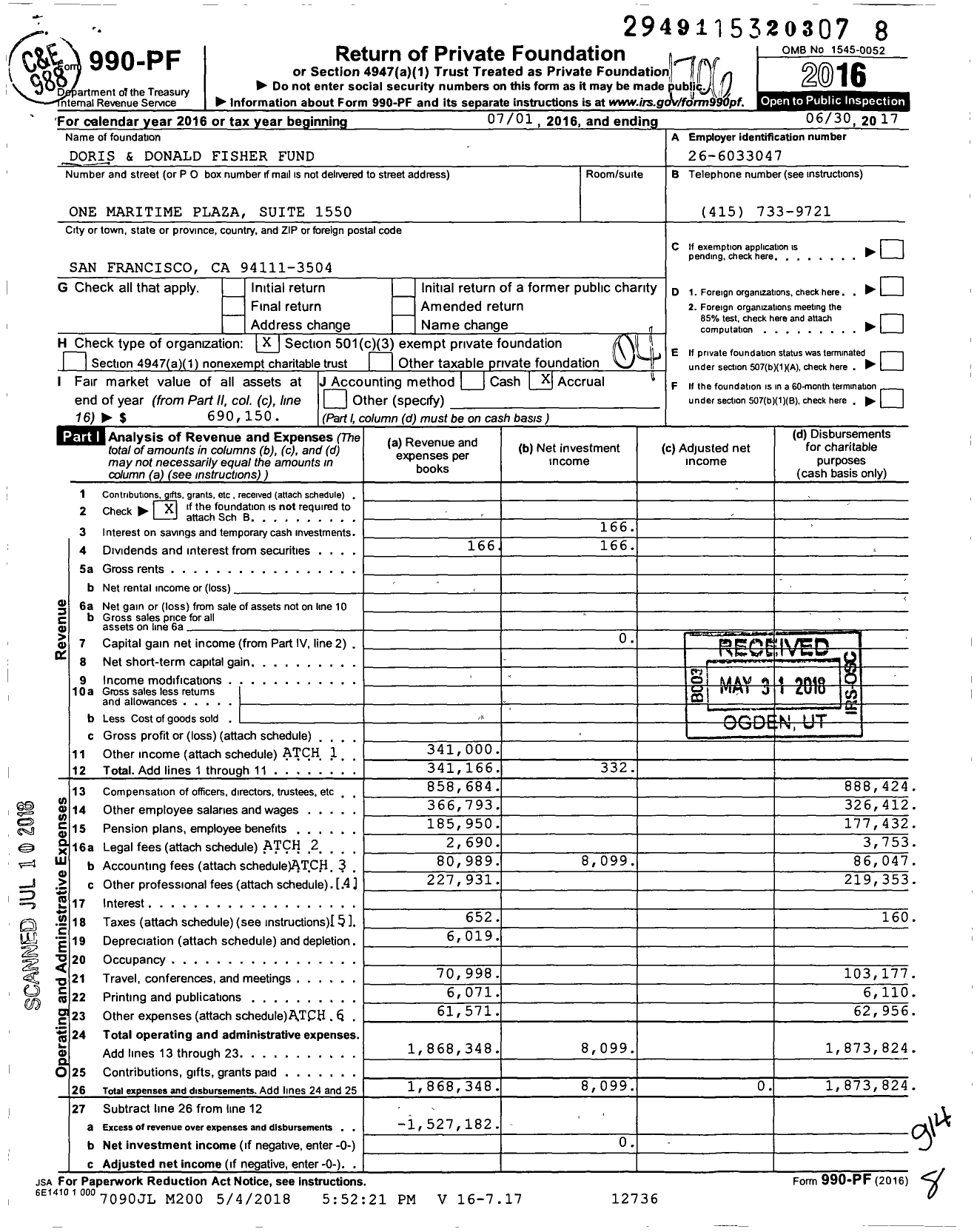 Image of first page of 2016 Form 990PF for Doris and Donald Fisher Fund