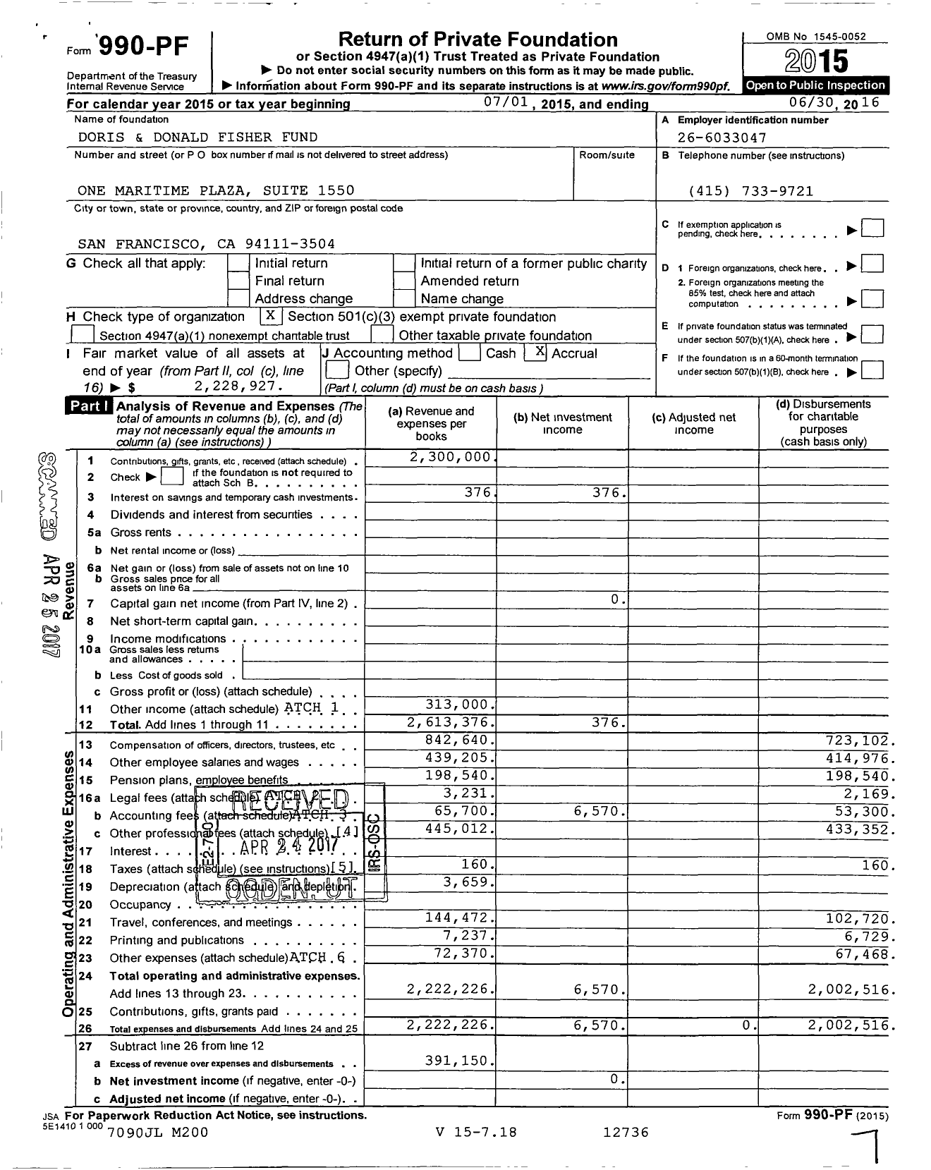 Image of first page of 2015 Form 990PF for Doris and Donald Fisher Fund