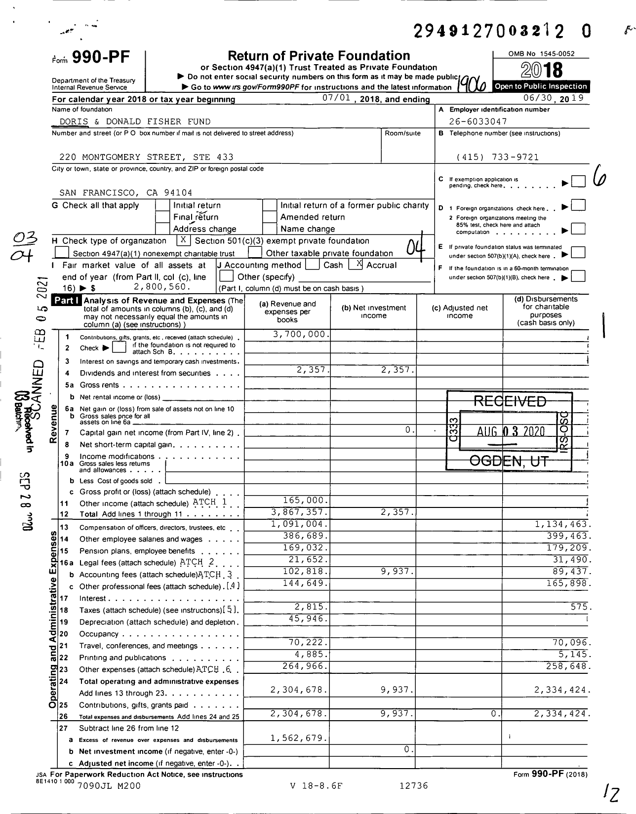 Image of first page of 2018 Form 990PF for Doris and Donald Fisher Fund