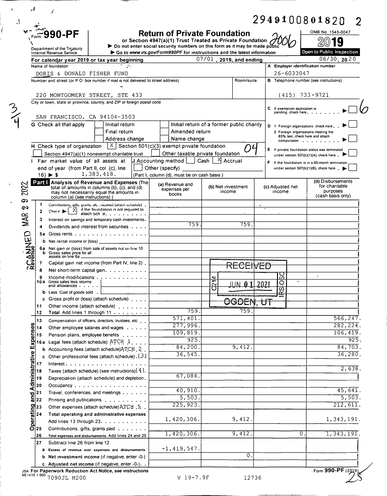 Image of first page of 2019 Form 990PF for Doris and Donald Fisher Fund