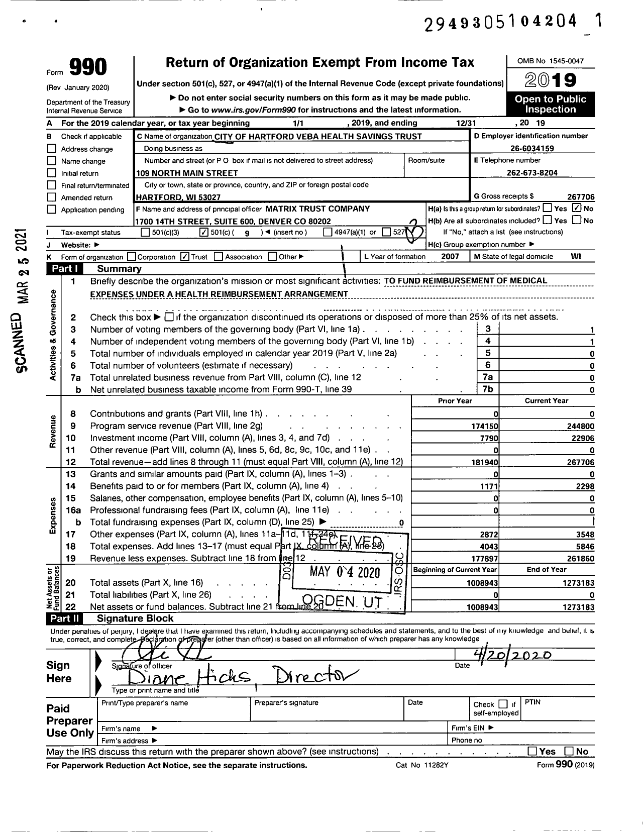 Image of first page of 2019 Form 990 for City of Hartford Veba Health Savings Trust