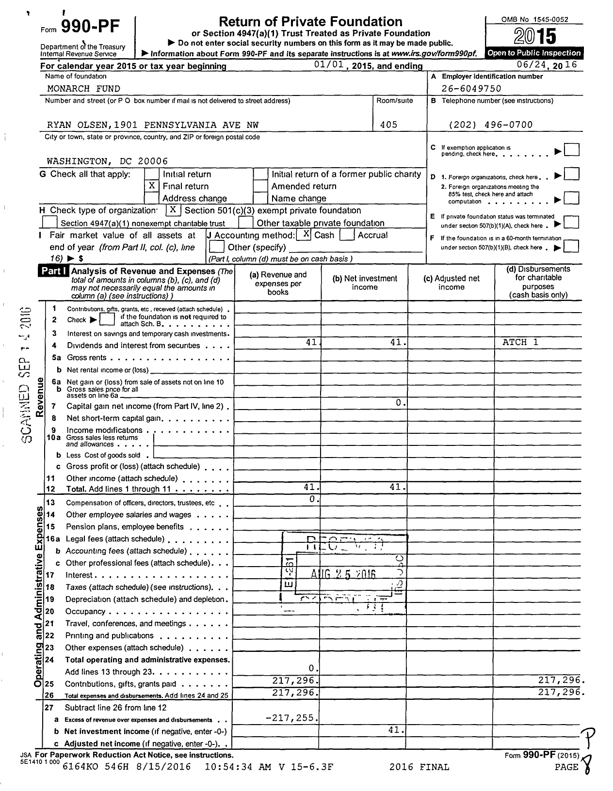 Image of first page of 2015 Form 990PF for Monarch Fund / Graham Mary Ttee