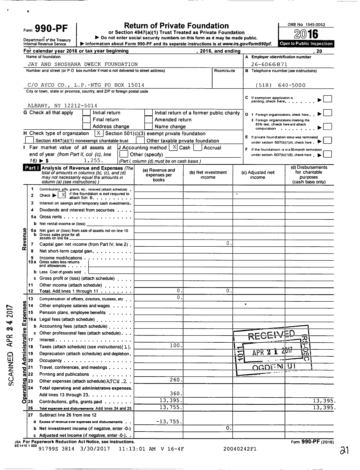 Image of first page of 2016 Form 990PF for Jay and Shoshana Dweck Foundation