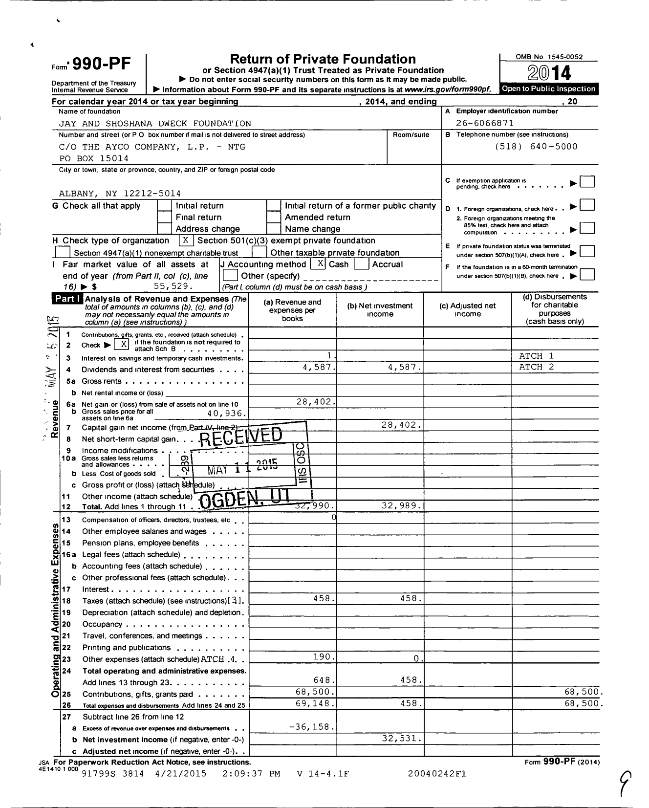 Image of first page of 2014 Form 990PF for Jay and Shoshana Dweck Foundation